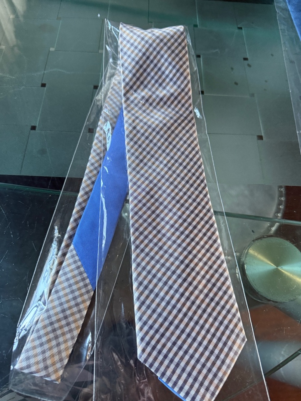 Saks Fifth Avenue Gray, Blue and Brown Micro-Check Silk Tie